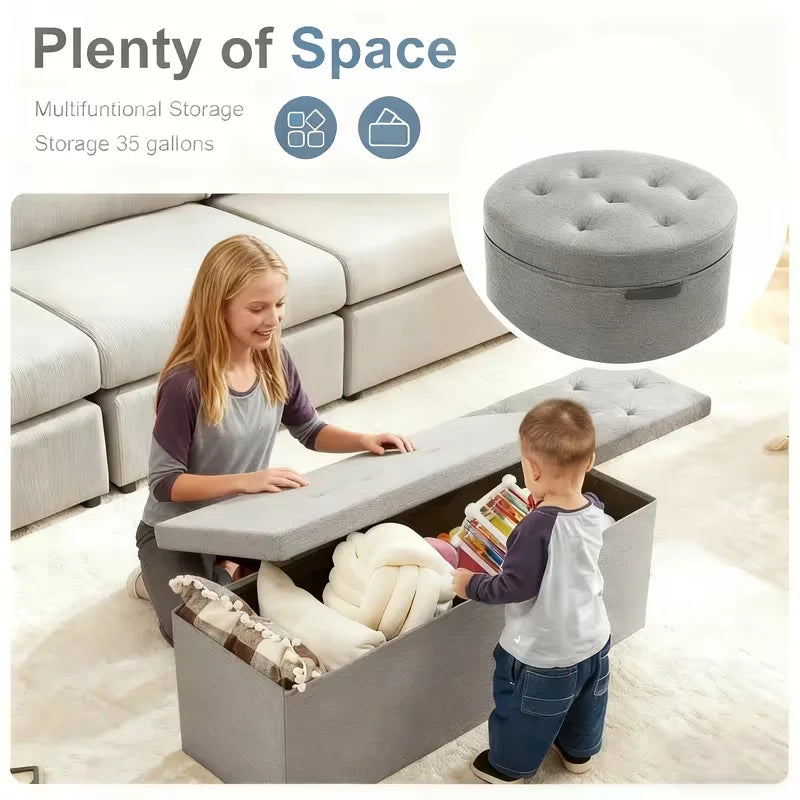 Heavy Duty Folding Storage Ottoman Bench, Indoor Outdoor Multipurpose Seat, Gray Easy Clean Fabric Organizer for Patio Garden