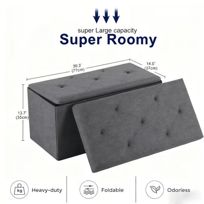 Heavy Duty Folding Storage Ottoman Bench, Indoor Outdoor Multipurpose Seat, Gray Easy Clean Fabric Organizer for Patio Garden