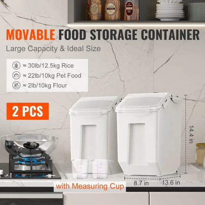 2 x 15L Pet Food Storage Bin with Measuring Cups PP Material Airtight Kitchen Rice Cereal Flour Container with Casters White