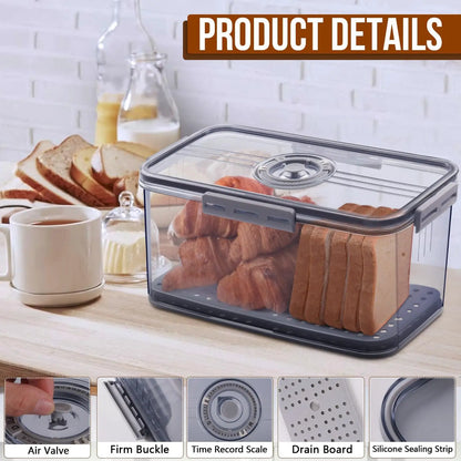 Airtight Bread Storage Container with Time Dial, Large Capacity for Homemade Bread, Toast, Bagels, Grey