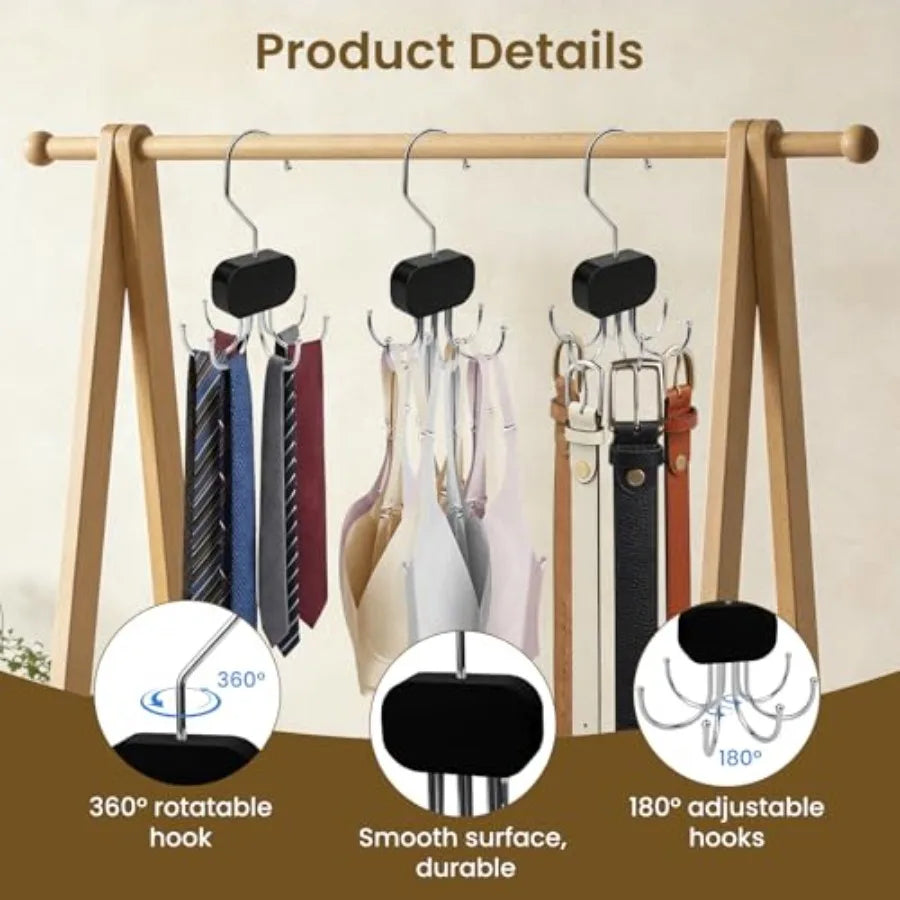 3 Pack Tank Top Hanger for Closet Organization, Metal Plastic, Black, 360 Rotating Foldable, Space-Saving Bra and Belt Organize