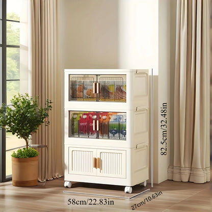 Oversized 3-5 Tier Foldable Storage Cabinet with Wheels, No Assembly Magnetic Doors Organizer for Living Room, Bedroom & Office