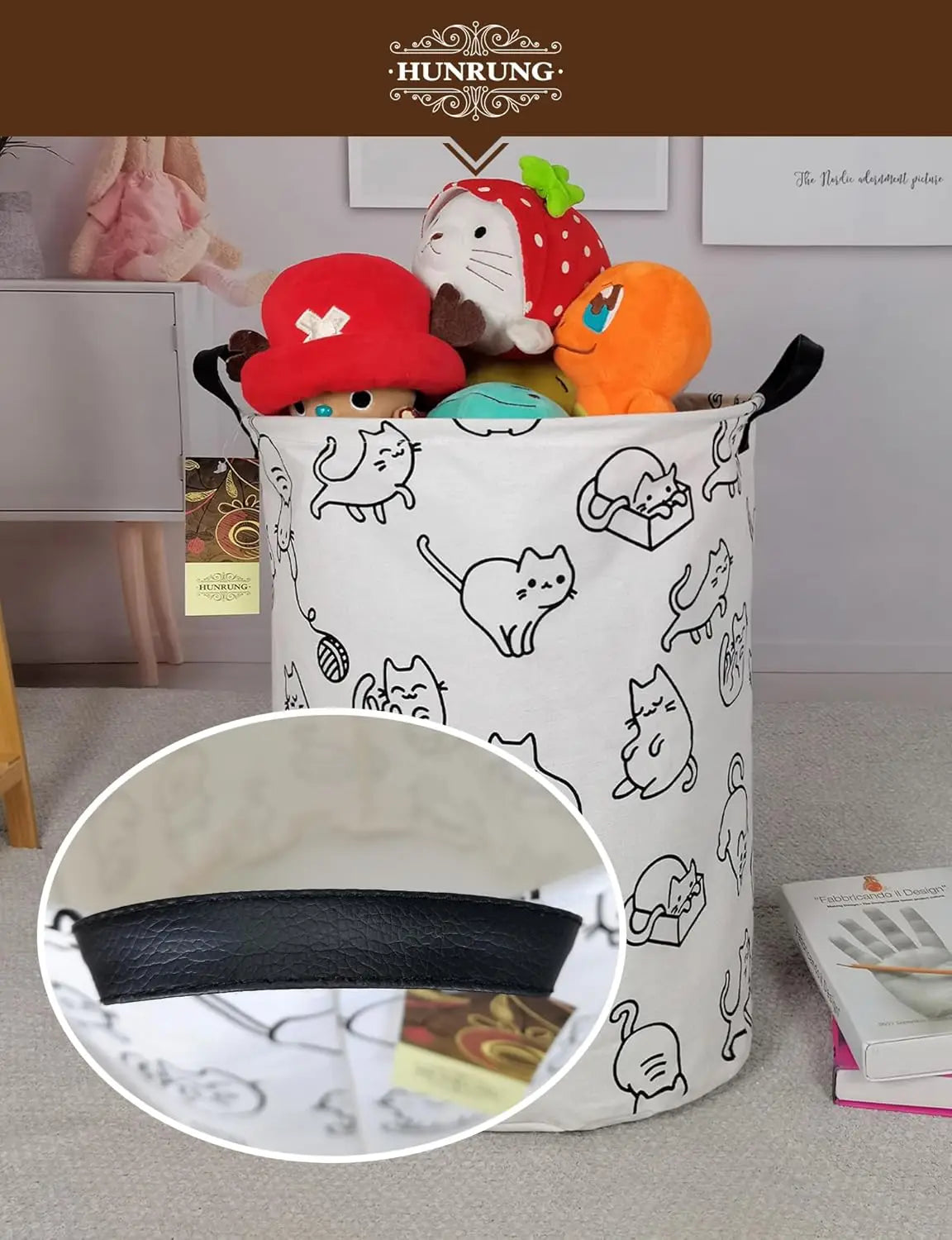 Collapsible Fabric Storage Basket, Waterproof Laundry Hamper with Handles, Round Storage Bin for Clothes Toys, Foldable Organizer for Bedroom Nursery Bathroom (Black Cat)