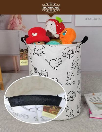 Collapsible Fabric Storage Basket, Waterproof Laundry Hamper with Handles, Round Storage Bin for Clothes Toys, Foldable Organizer for Bedroom Nursery Bathroom (Black Cat)