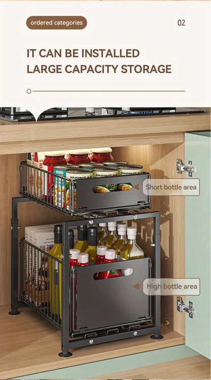 2-Tier Slide Out Under Sink Organizer - Heavy Duty Adjustable Metal Kitchen Bathroom Cabinet Storage Shelf, 1 or 2 Pack