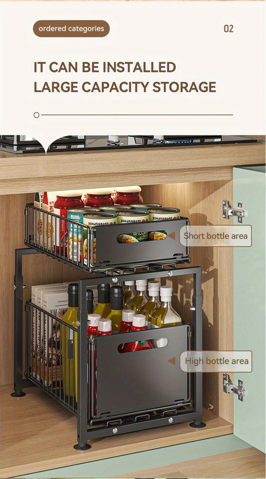 2-Tier Slide Out Under Sink Organizer - Heavy Duty Adjustable Metal Kitchen Bathroom Cabinet Storage Shelf, 1 or 2 Pack