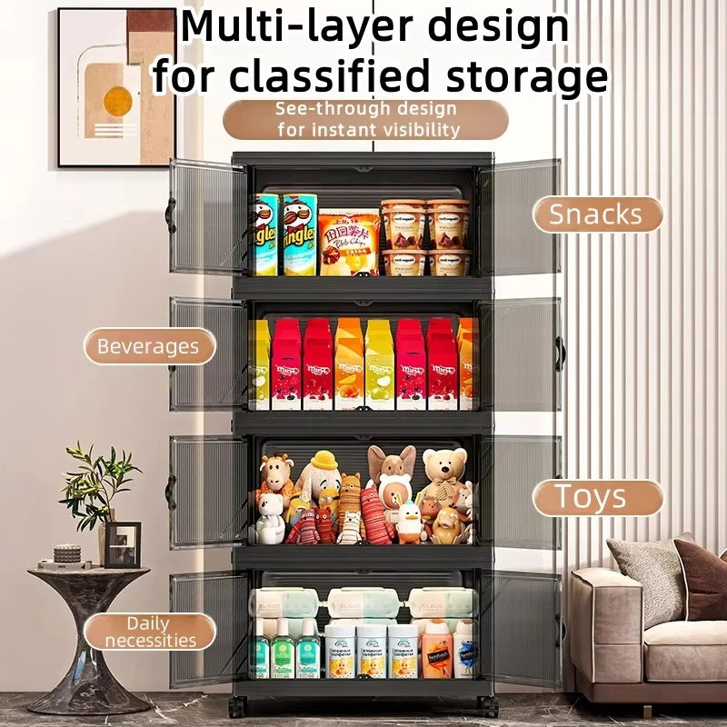 22.4 Inch Foldable Storage Box, Double Doors Multi-Layer No Assembly Organizer for Drinks/Snacks/Toys/Daily Items, Space-Saving