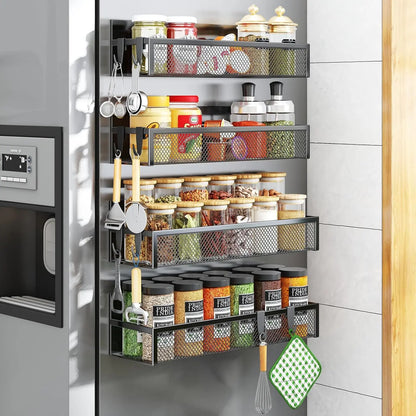 Magnetic Spice Rack for Refrigerator, 4 Pack Fridge Shelf with 8 Hooks for Kitchen Organization