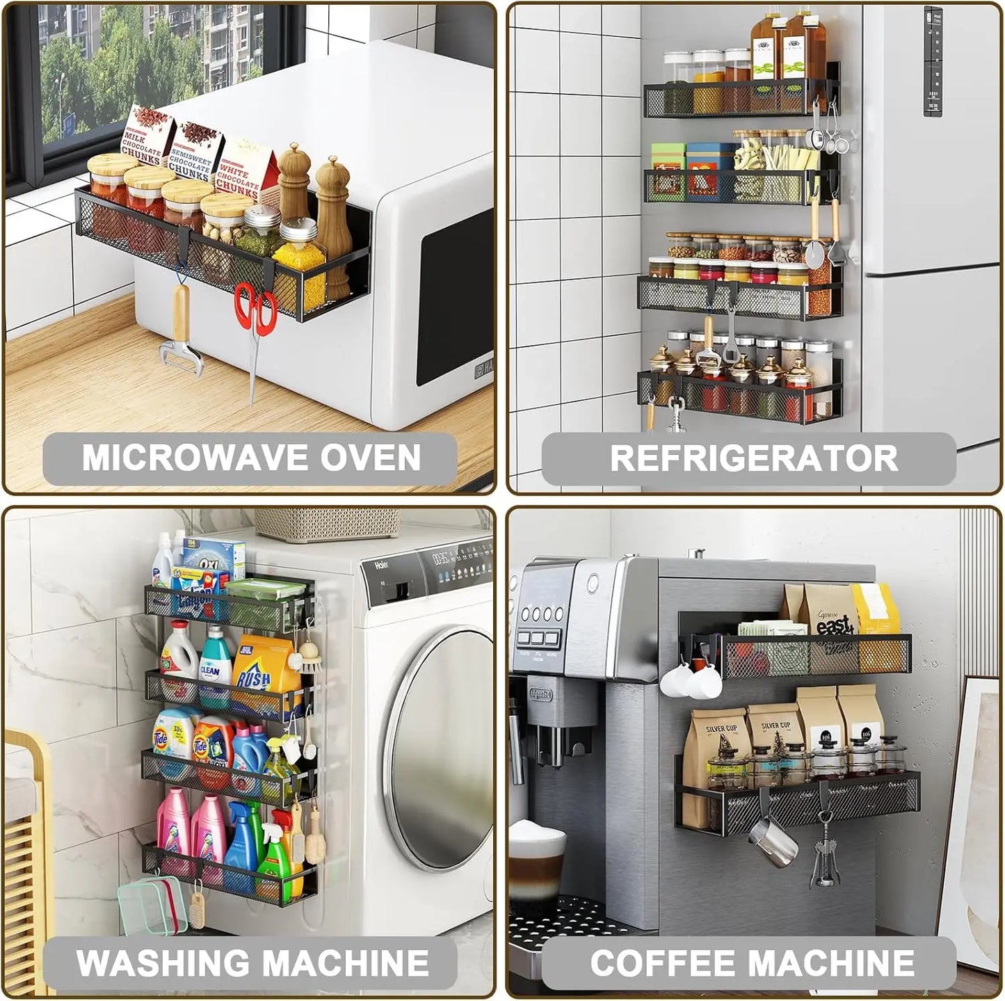 Magnetic Spice Rack for Refrigerator, 4 Pack Fridge Shelf with 8 Hooks for Kitchen Organization