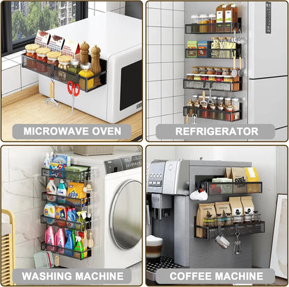 Magnetic Spice Rack for Refrigerator, 4 Pack Fridge Shelf with 8 Hooks for Kitchen Organization
