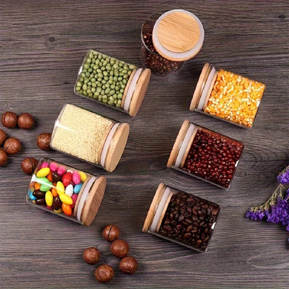 Bamboo Lid Glass Spice Jar Set Of 12,Candy,Storage,Kitchen Glass Sealed Can,Seasoning Container With Wooden Lid,Candy,Food Jar