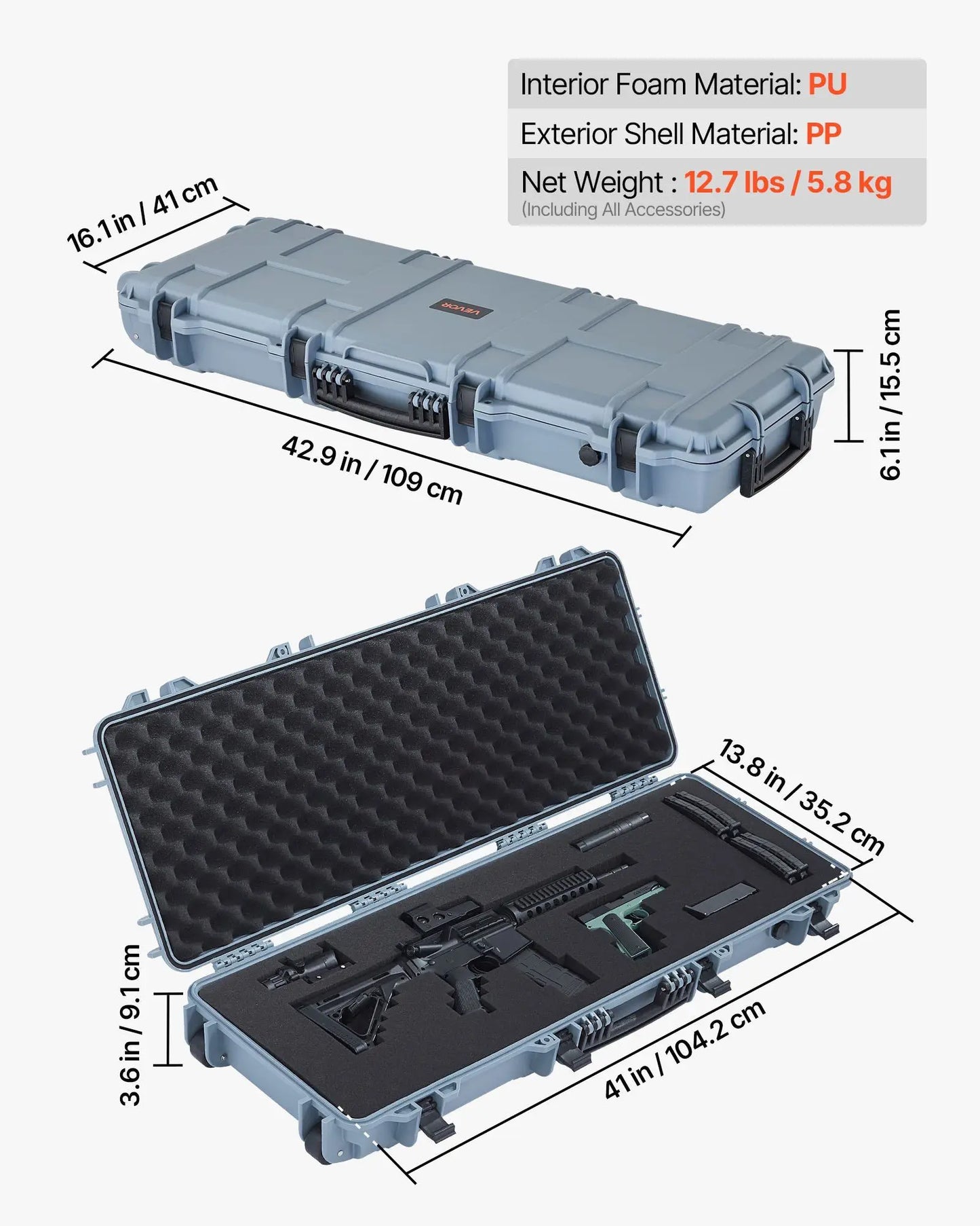 Hard Rifle Case, Lockable Rifle Case with Pre-cut Foams, 42 in Movable Gun Storage with Wheels, IP67 Waterproof & Dustproof