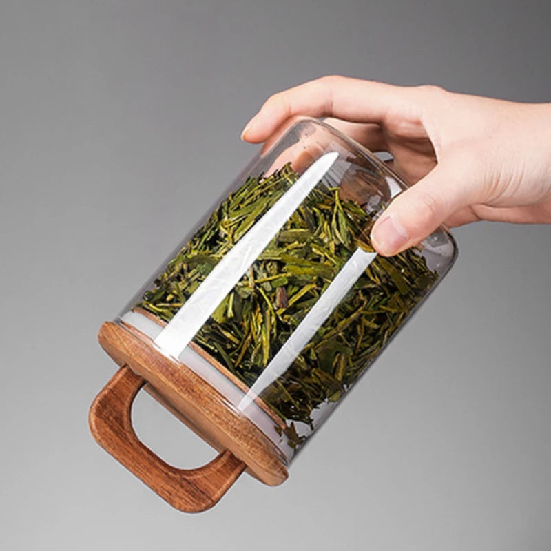 Clear Glass Jar with Bamboo Lid Airtight Canister Food Storage Container for Loose Tea Coffee Bean Sugar Salt Kitchen Organizer