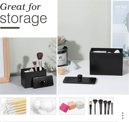 Cotton Swab Holder with Lid, 2 Compartments Organizer for Q-Tips and Floss, Bathroom Container in Matte Black