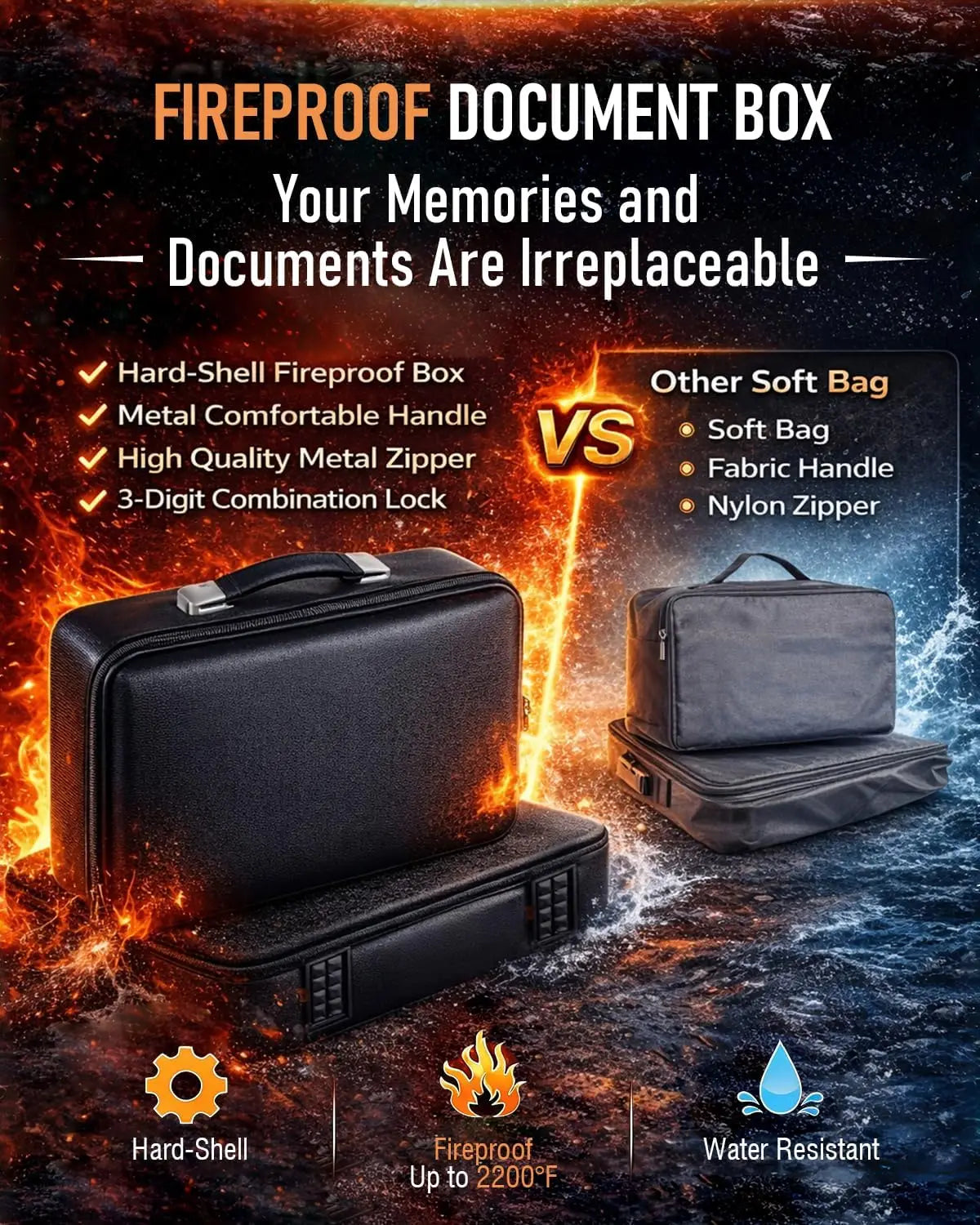 Hard-Shell Fireproof Document Safe with Lock, Waterproof File Box for Documents, Laptops, Passports - Black