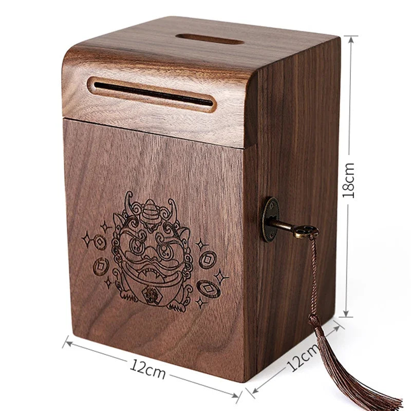 Piggy Banks for Adults, Solid Wood Money Bank, Walnut Handmade Money Saving Box with Lock, Wooden Safe Coin Jar, Home Decoration