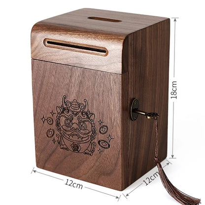 Piggy Banks for Adults, Solid Wood Money Bank, Walnut Handmade Money Saving Box with Lock, Wooden Safe Coin Jar, Home Decoration