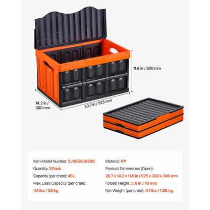 SucceBuy 45L 3Packs Plastic Collapsible Storage Bins with Lids Stackable Folding Storage Crates Baskets for Home Organizing