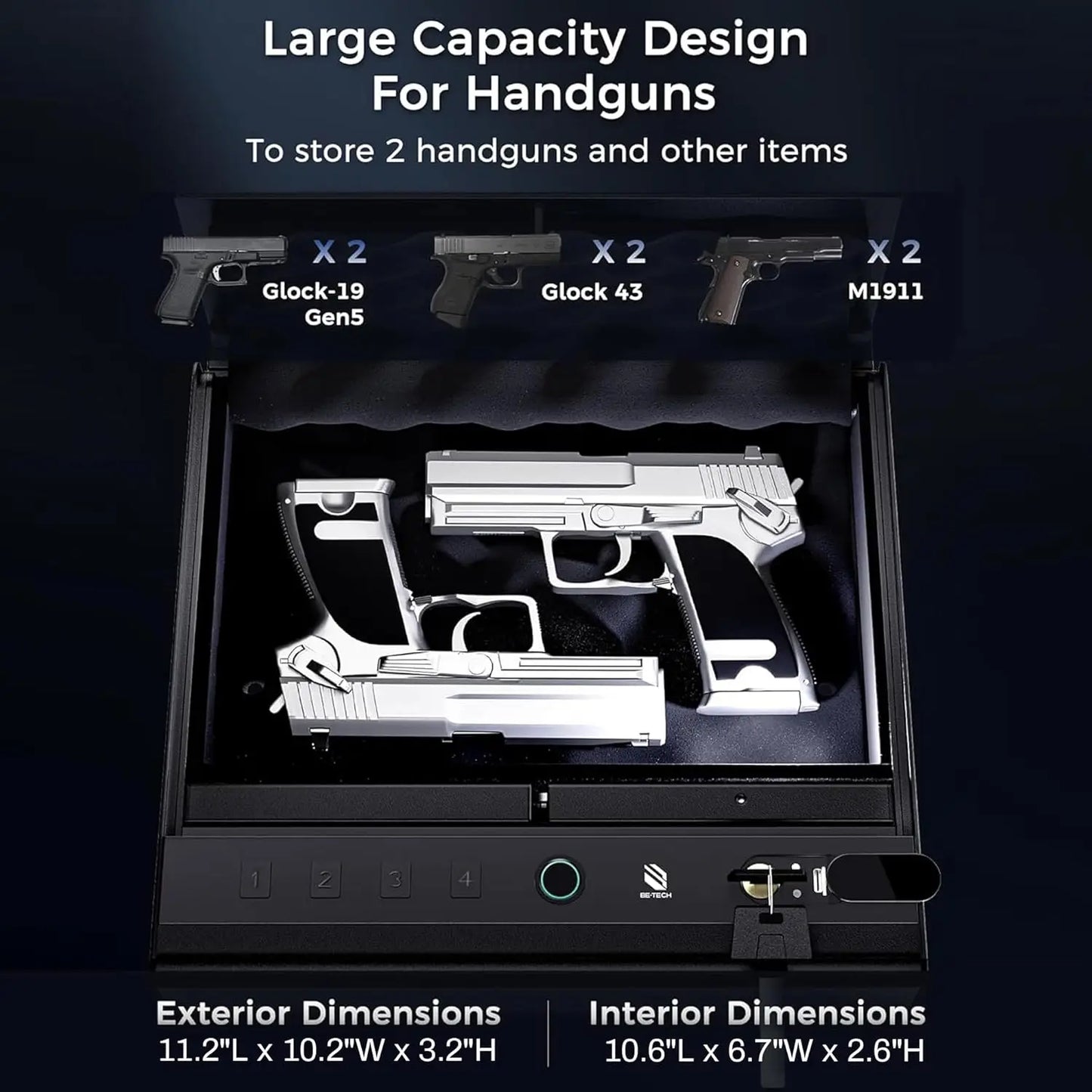 Biometric Gun Safe for Handgun, Quick Access Fingerprint Pistol Safe with Steel Lock Box and Cable Sponge for Home or Car