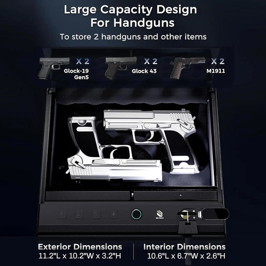 Biometric Gun Safe for Handgun, Quick Access Fingerprint Pistol Safe with Steel Lock Box and Cable Sponge for Home or Car