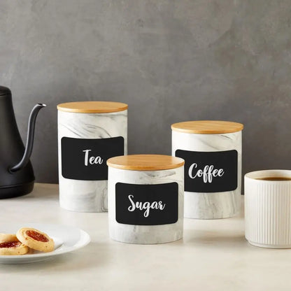 Ceramic Jar Set Airtight Wood Lids for Kitchen Countertop Jars White Marble Ceramic