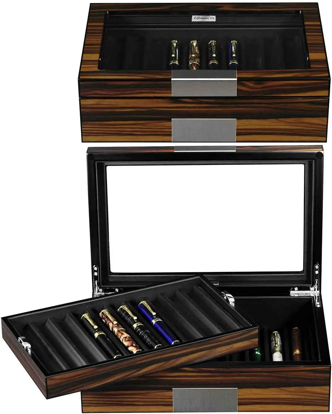 Ebony Wood Pen Display Case with Glass Window, Holds 20 Fountain Pens, Luxury Organizer for Collectors