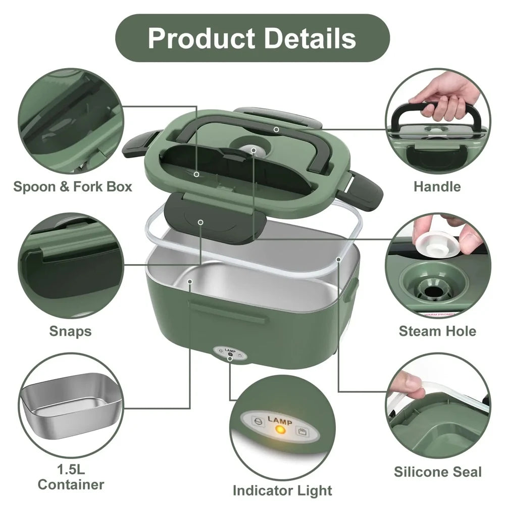 80W Electric Heated Lunch Box Portable Food Warmer Leakproof 2 Compartments Stainless Steel Liner for Work Office Car Truck Home