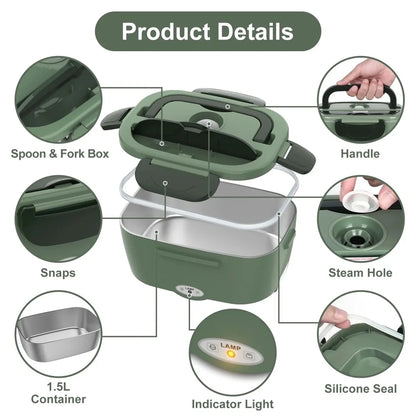 80W Electric Heated Lunch Box Portable Food Warmer Leakproof 2 Compartments Stainless Steel Liner for Work Office Car Truck Home