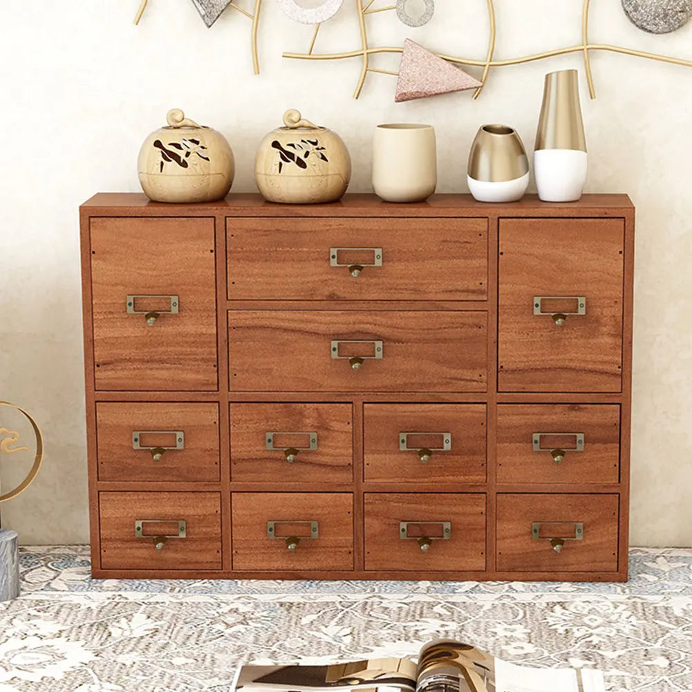12 Drawer Wooden Apothecary Cabinet Small Stationery Storage Rack Library Card Catalog Cabinet for Bedroom Organization Storage