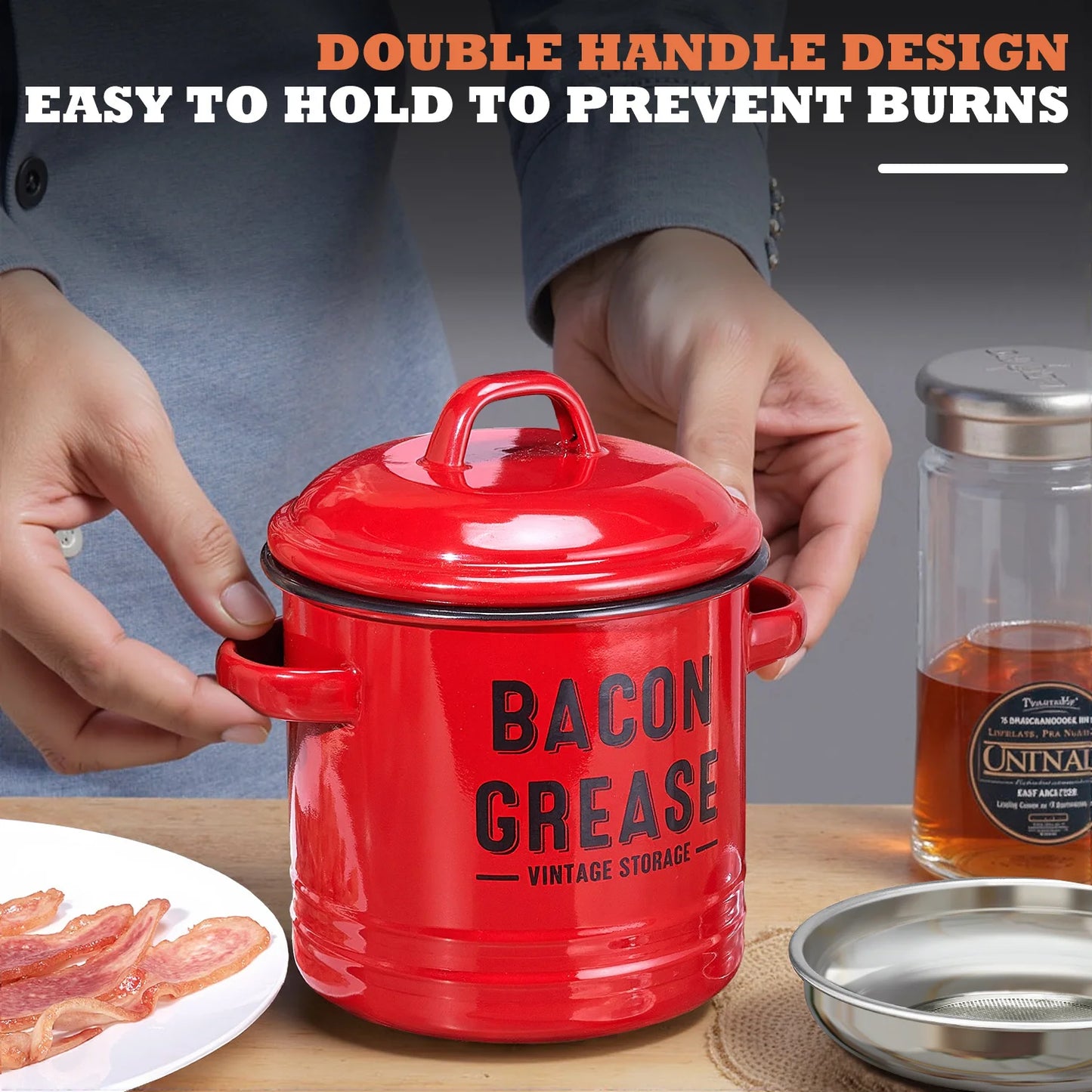 Bacon Grease Container with Strainer - Large 46OZ Red Kitchen Oil Storage Can, Food Saver Bin with Lid | Farmhouse Cooking Pot