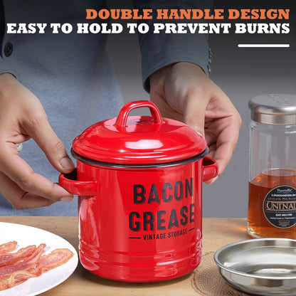 Bacon Grease Container with Strainer - Large 46OZ Red Kitchen Oil Storage Can, Food Saver Bin with Lid | Farmhouse Cooking Pot