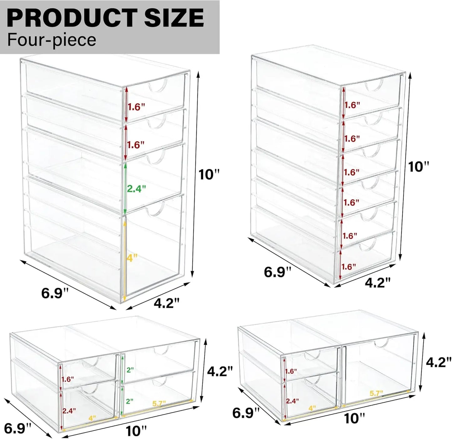 Clear Stackable Drawer Organizer with 17 Drawers, Set of 4 for Craft Office Desk Makeup Jewelry Art Supply Storage