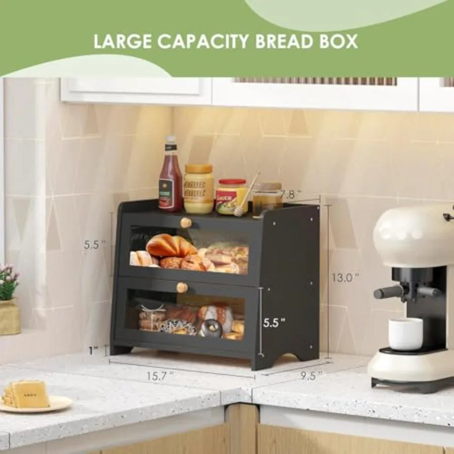 Double Layer Bread Box for Kitchen Countertop with Acrylic Door Wooden Farmhouse Bread Holder