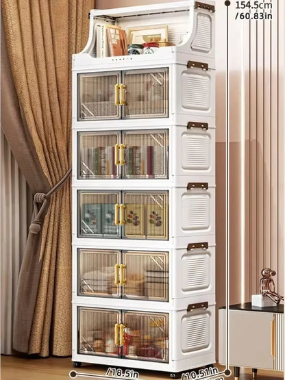 Large Foldable Flip-Top Transparent Storage Cabinet with Wheels, Space-Saving Mobile Organizer for Kitchen Bedroom Living Room