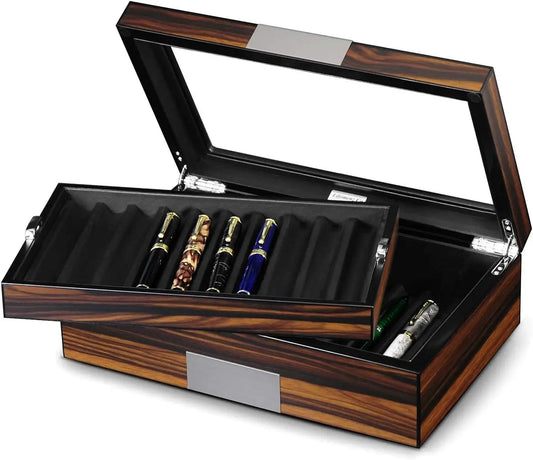 Ebony Wood Pen Display Case with Glass Window, Holds 20 Fountain Pens, Luxury Organizer for Collectors