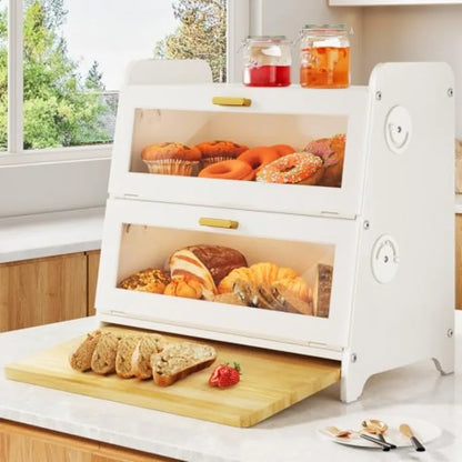 Bread Box - Kitchen Countertop Bread Storage Container with Bamboo Cutting Board Adjustable Vent Hole Dials
