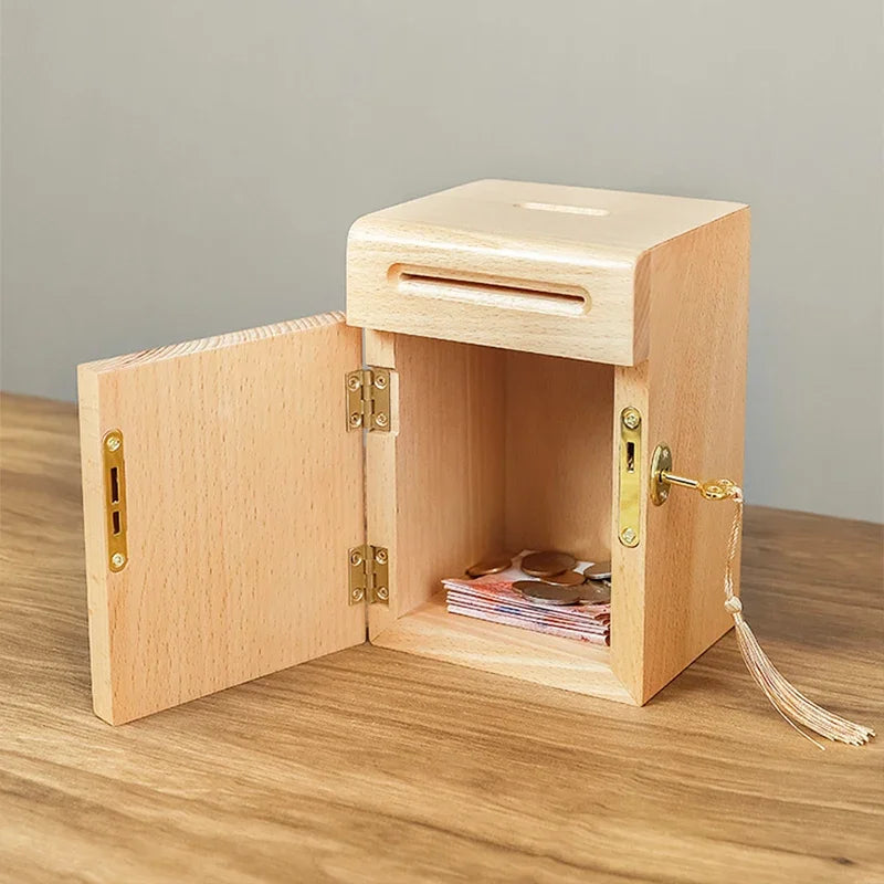 Piggy Banks for Adults, Solid Wood Money Bank, Walnut Handmade Money Saving Box with Lock, Wooden Safe Coin Jar, Home Decoration