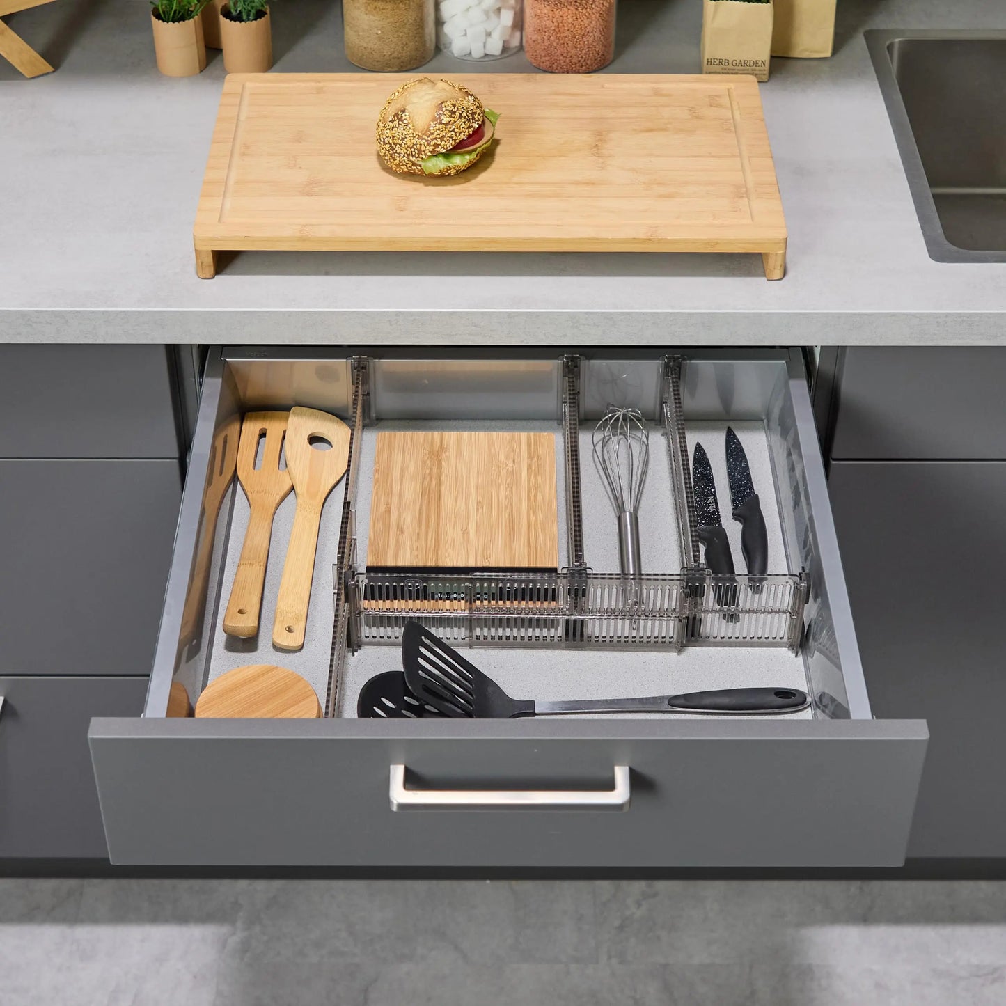 Drawer Divider Adjustable Length from 28 to 53.5 cm, Kitchen Storage, Organiser, Plastic, Clear,
