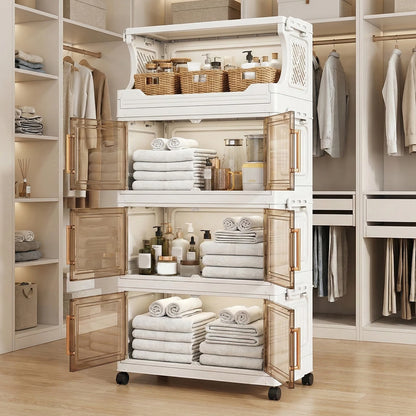 3/4-Tier Stackable Storage Boxes Heavy-Duty Plastic Storage Cabinet Foldable Organization with Door and Wheels Storage Container
