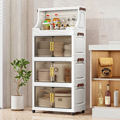 Large Foldable Flip-Top Transparent Storage Cabinet with Wheels, Space-Saving Mobile Organizer for Kitchen Bedroom Living Room
