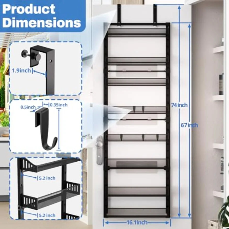 8-Tier Over the door Spice Rack Organizer Large Heavy Duty Metal Wall Mount or Over The Door 2 in 1 Rust-Proof Hanging Storage