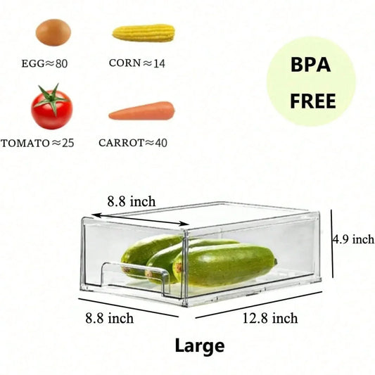 2Pack Clear Fridge Drawers PullOut Stackable Refrigerator Drawer Pantry Storage Box Plastic Food Containers for Kitchen