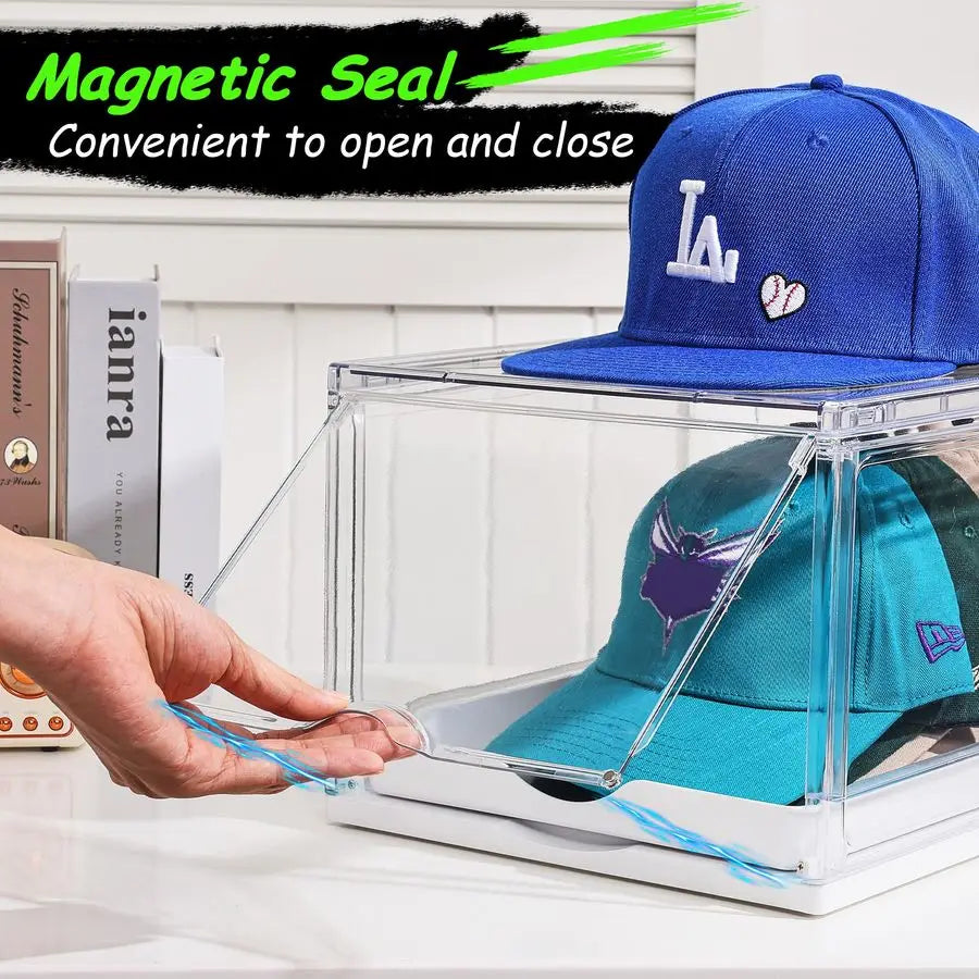 2 Pack Hat Organizer for Baseball Caps, Clear Hats Holder Box with Drawer, Large Cap Storage with Sliding Tray, Stackable Rack