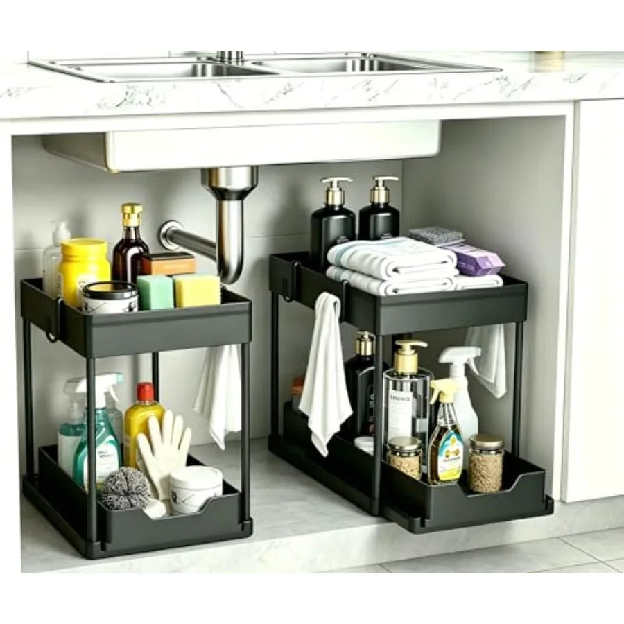 Under Sink Organizer 2 Pack, Bathroom Cabinet Organizer, 2 Tier Sliding Cabinet Basket Organizer Drawer, Multi-Purpose Bath Col
