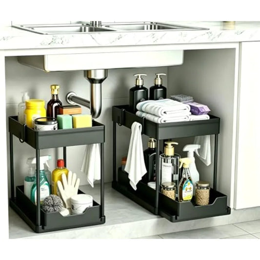 Under Sink Organizer 2 Pack, Bathroom Cabinet Organizer, 2 Tier Sliding Cabinet Basket Organizer Drawer, Multi-Purpose Bath Col