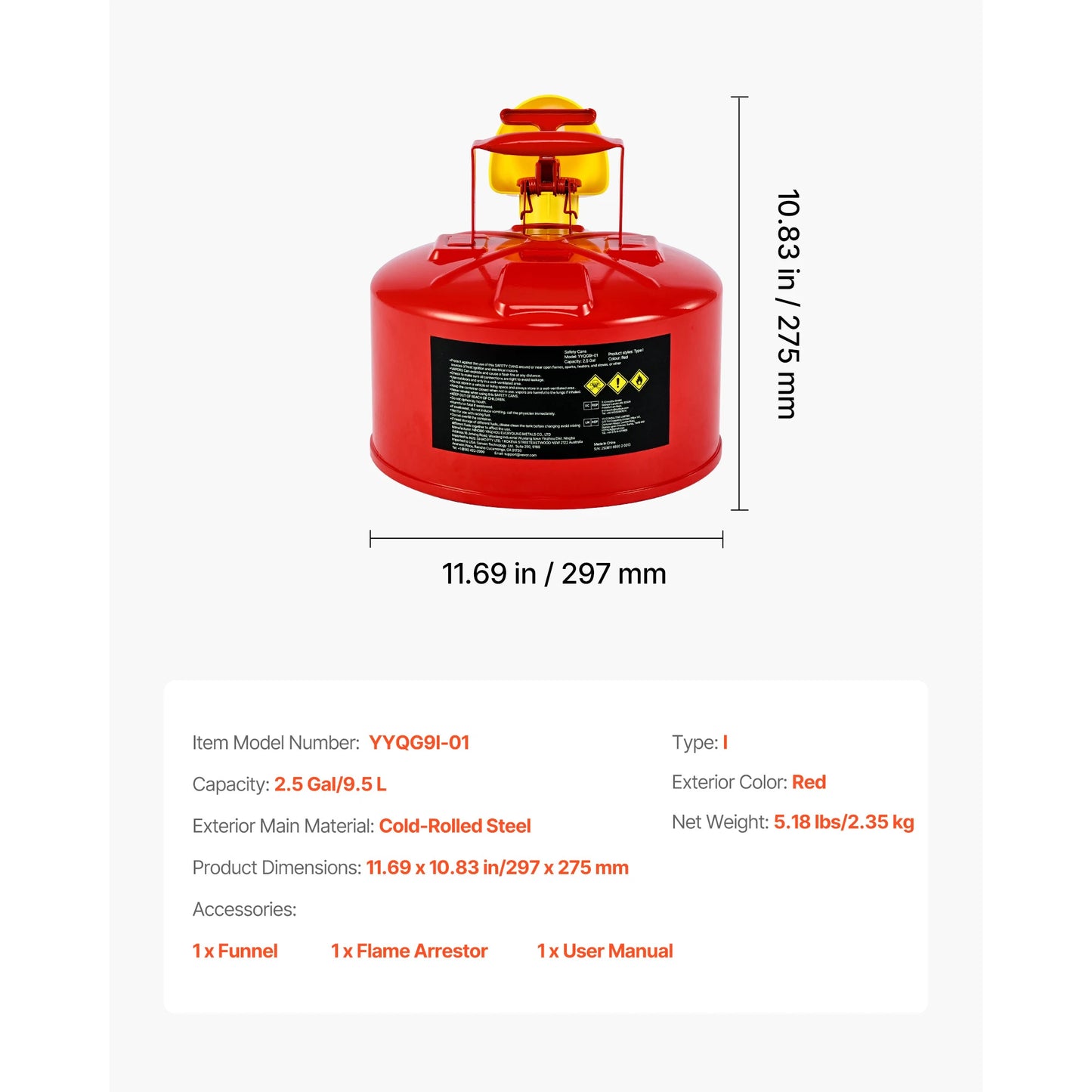 SucceBuy Safety Gas Can 2.5/5 Gallon Type I Safety Can with Stainless Steel Self-Closing Lid and PE Funnel with Ergonomic Handle