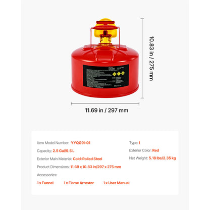 SucceBuy Safety Gas Can 2.5/5 Gallon Type I Safety Can with Stainless Steel Self-Closing Lid and PE Funnel with Ergonomic Handle