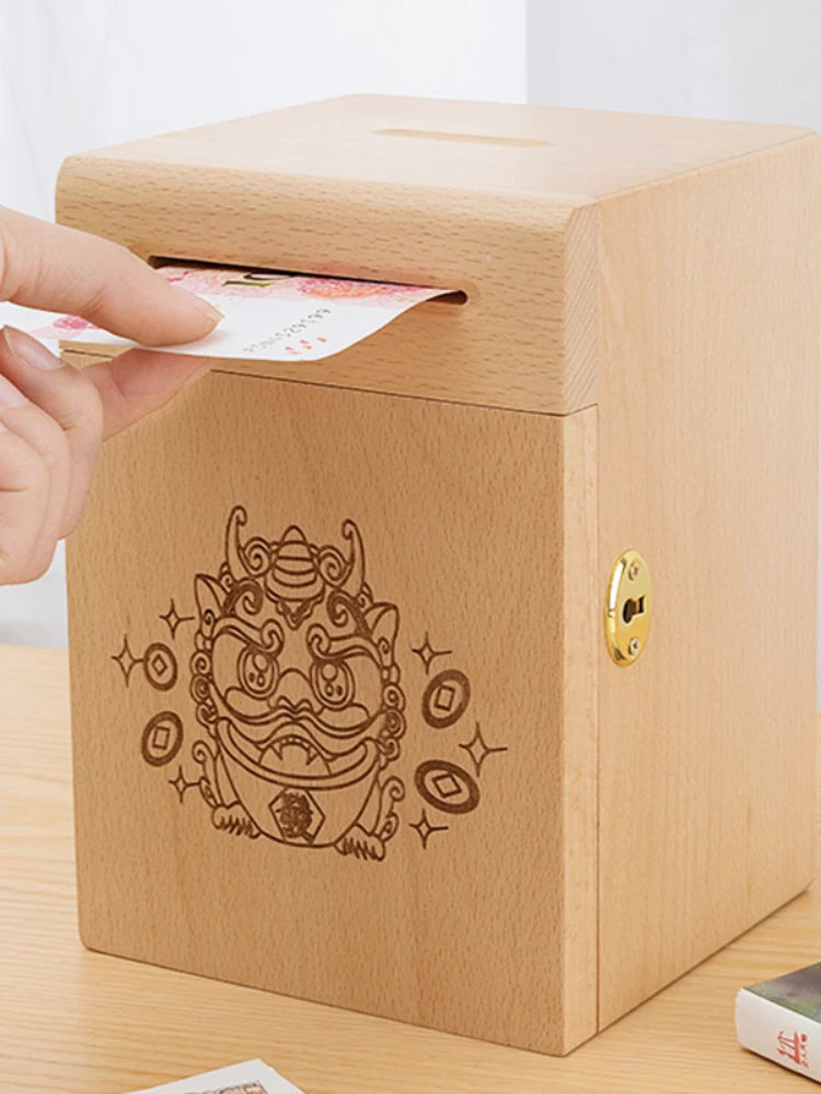 Piggy Banks for Adults, Solid Wood Money Bank, Walnut Handmade Money Saving Box with Lock, Wooden Safe Coin Jar, Home Decoration