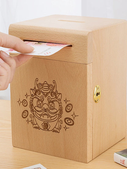Piggy Banks for Adults, Solid Wood Money Bank, Walnut Handmade Money Saving Box with Lock, Wooden Safe Coin Jar, Home Decoration