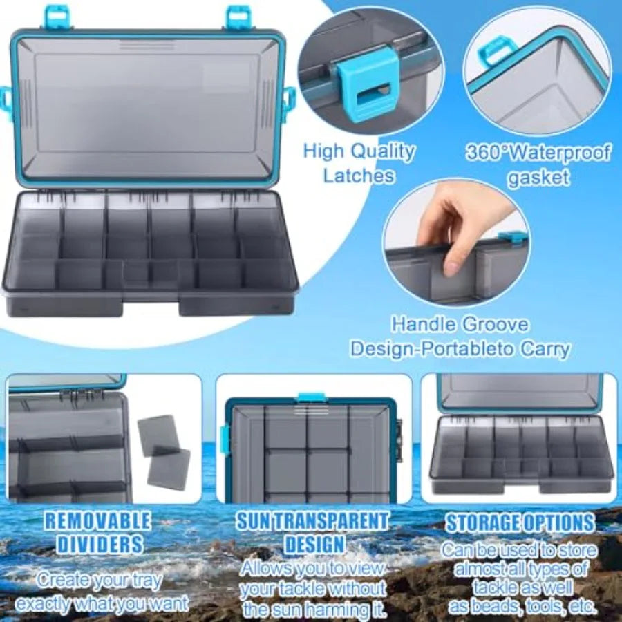 6 Pack Fishing Tackle Boxes Waterproof 3600 and 3700 Tackle Trays with Removable Dividers Plastic Storage Organizer Bait Vault